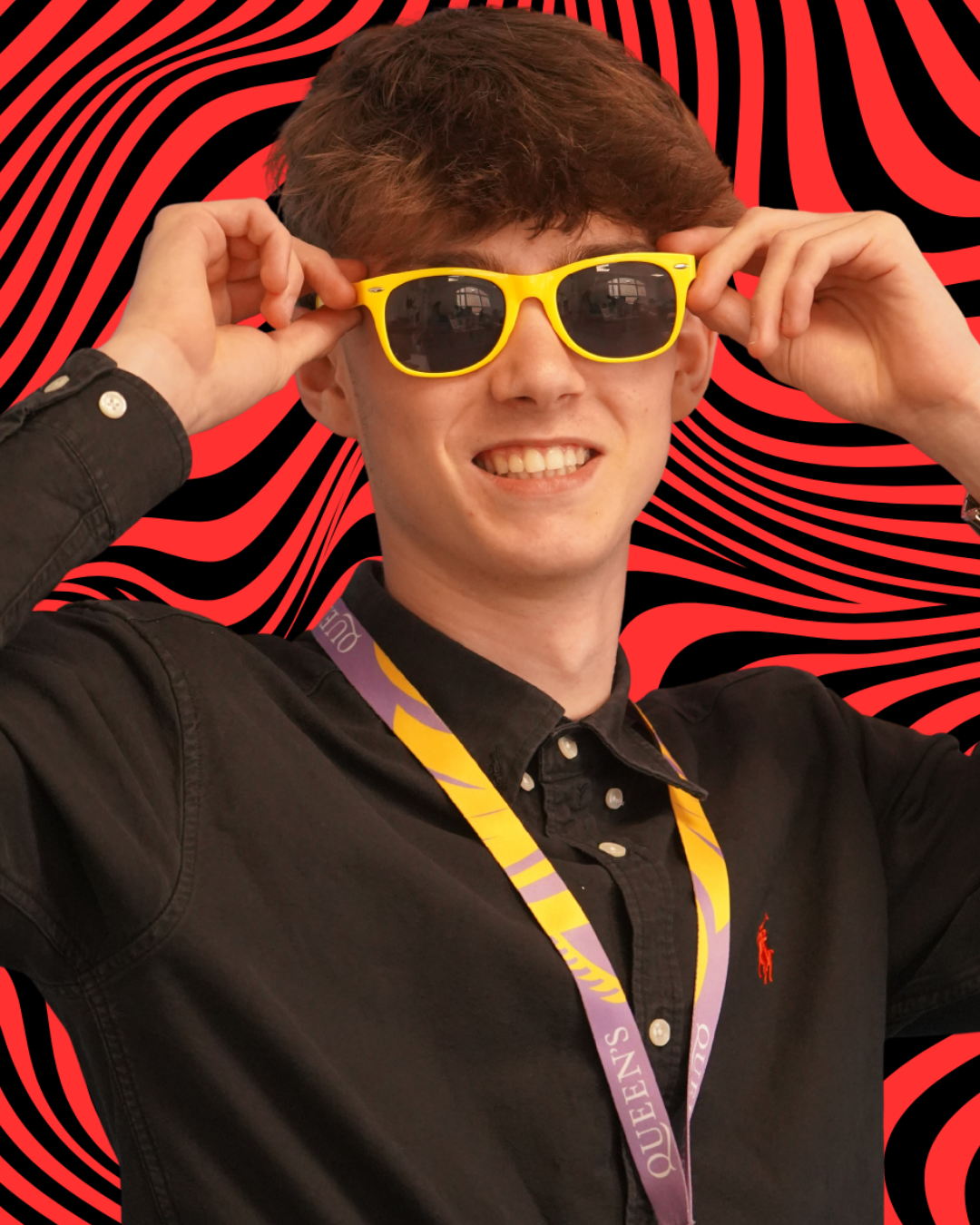 Jack Frampton wearing a Queen's College Taunton lanyard and yellow sunglasses Jack Frampton wearing a Queen's College Taunton lanyard and yellow sunglasses