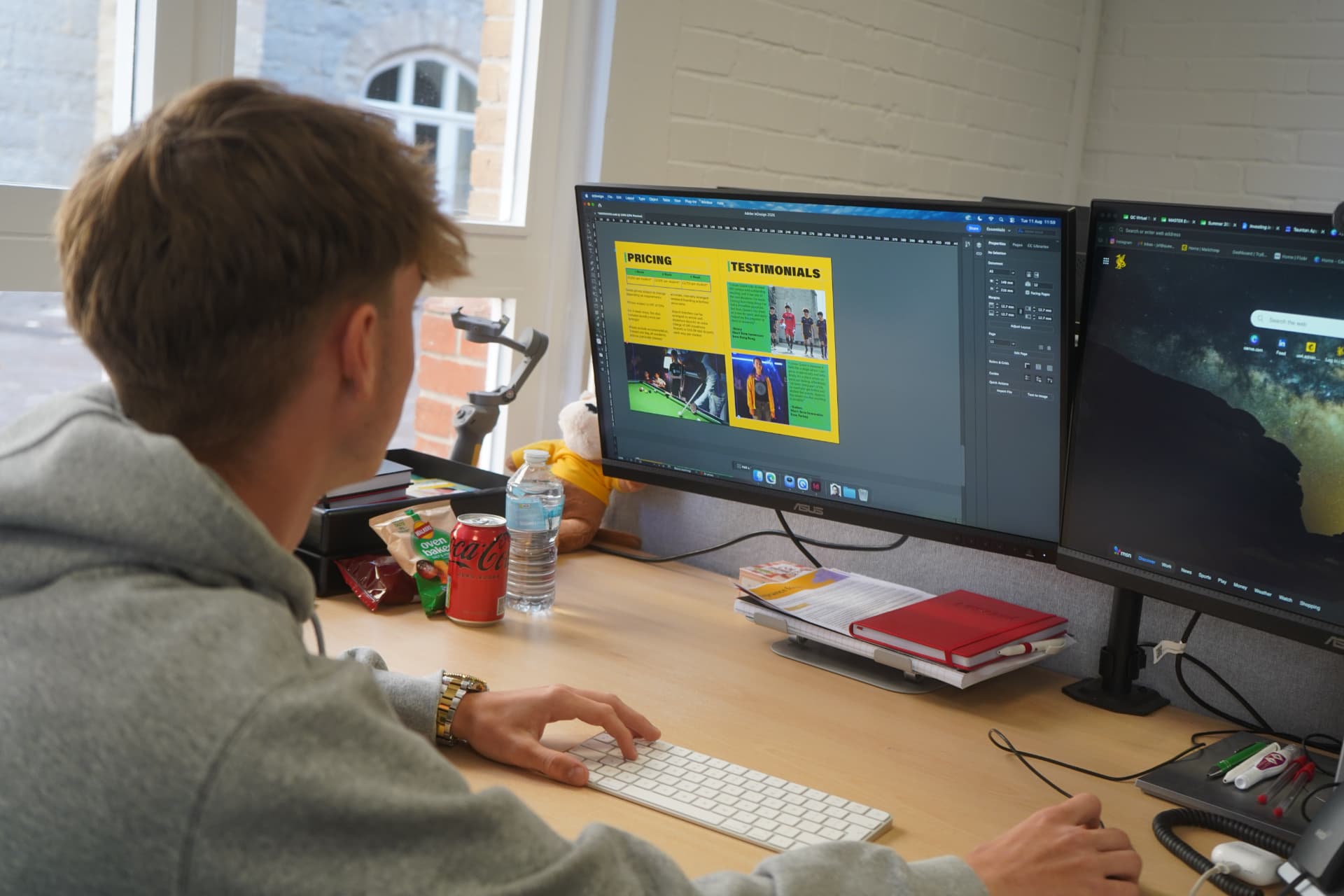 Jack Frampton designing in Adobe InDesign at Queen's College, Taunton Jack Frampton, marketer at Queen's College Taunton, designing a prospectus spread in Adobe InDesign